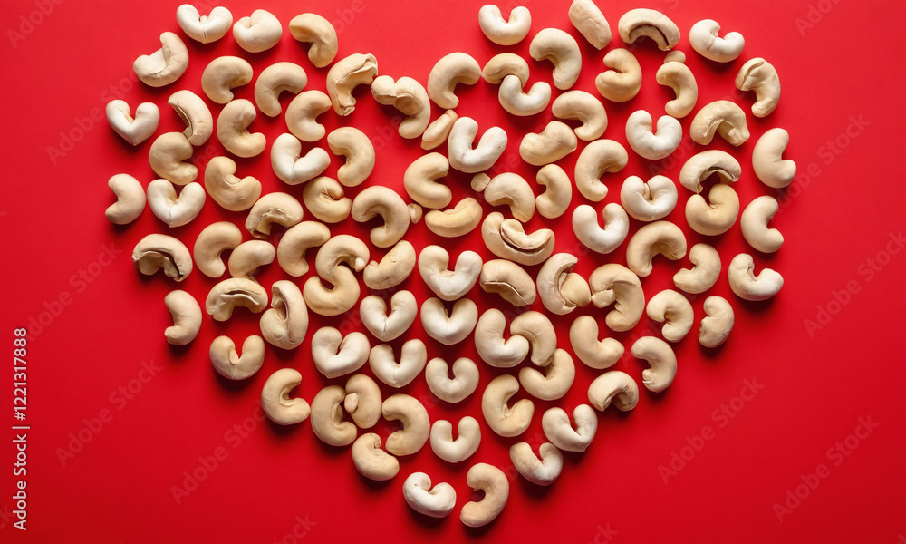 Heart-shaped arrangement of cashew nuts on a vibrant red background creating a festive and inviting display Heart-shaped arrangement of cashew nuts on a vibrant red background creating a festive and inviting display
