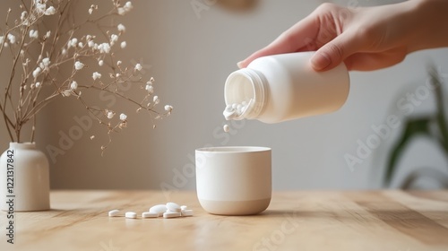 Minimalist scene with a few capsules neatly arranged on a smooth surface, with the focus on the simplicity of the setup and the supplements themselves. photo