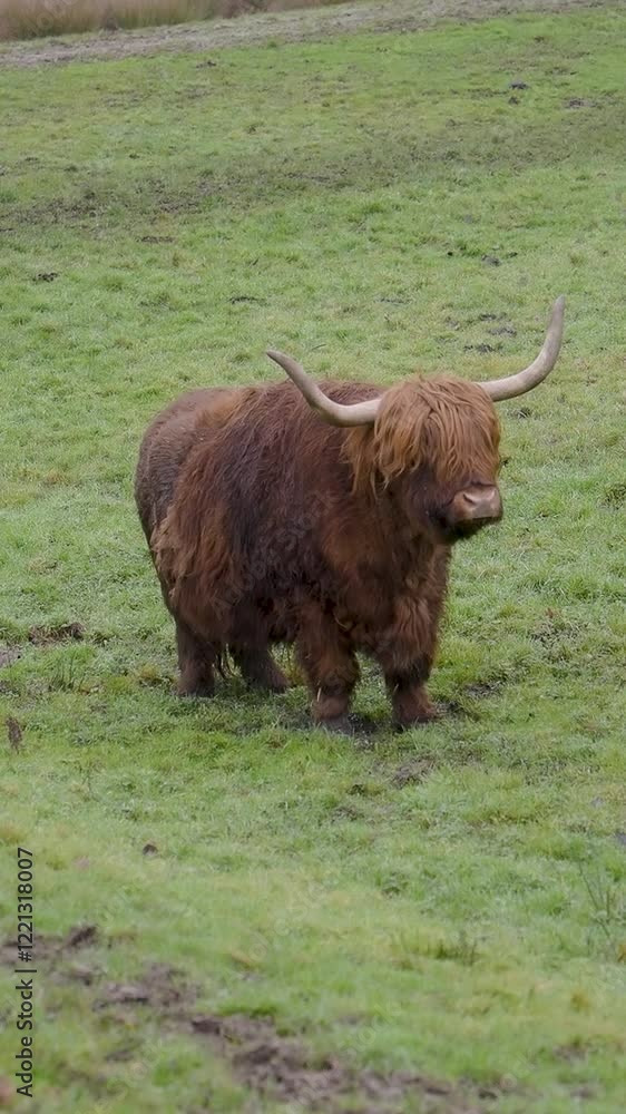 Vertical Video of a Highland Cattle Feeding on Grass Vertical Video of a Highland Cattle Feeding on Grass