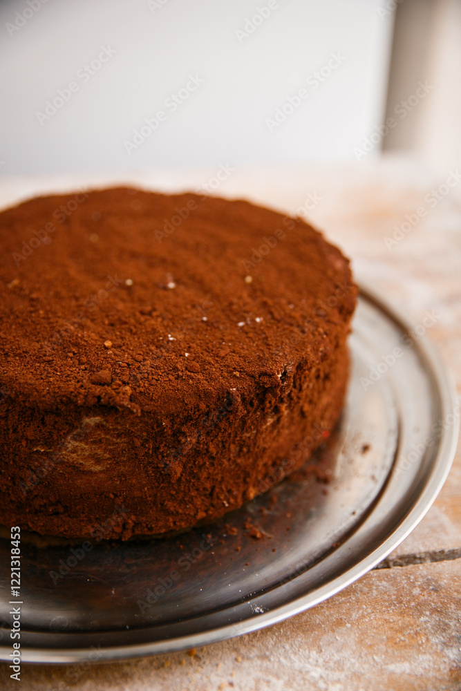 Delicious chocolate truffle cake close up