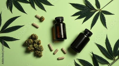 High-resolution overhead photograph  Cannabis products including a small brown glass bottle with a dropper, several green buds and capsules,  photo