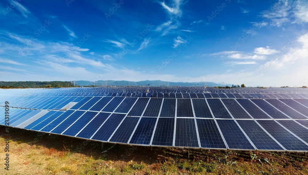 Generated image A solar farm with rows of solar panels under a bright blue sky Generated image A solar farm with rows of solar panels under a bright blue sky