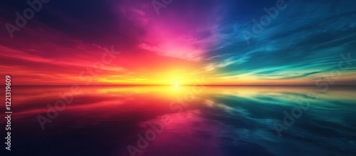 Breathtaking sunset reflections over a tranquil lake  Vibrant colorful sky with warm hues of red orange and purple fading into cool blues and greens mirrored on the calm surface of the water