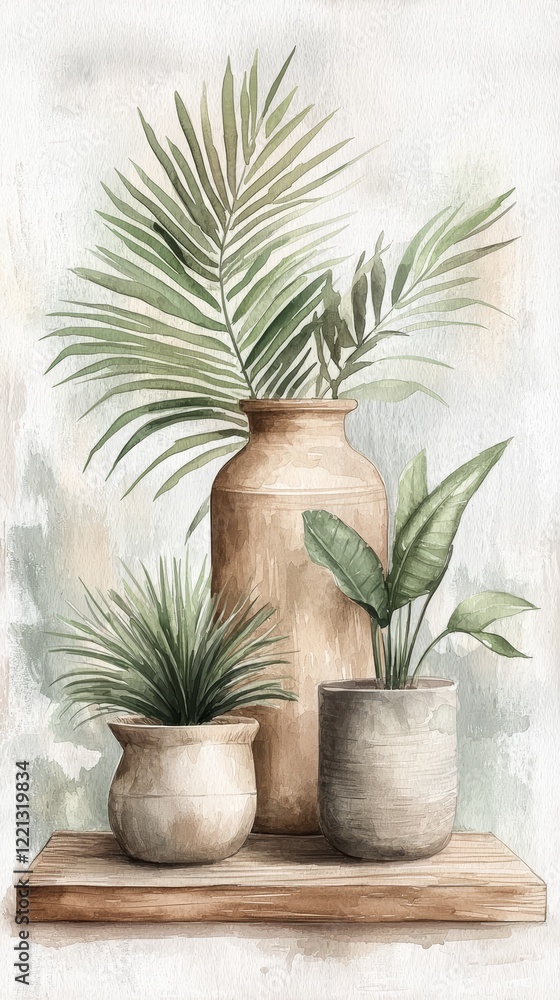 Fototapeta premium A serene watercolor illustration of three potted plants in earthy vases, showcasing natural beauty and greenery against a soft background.