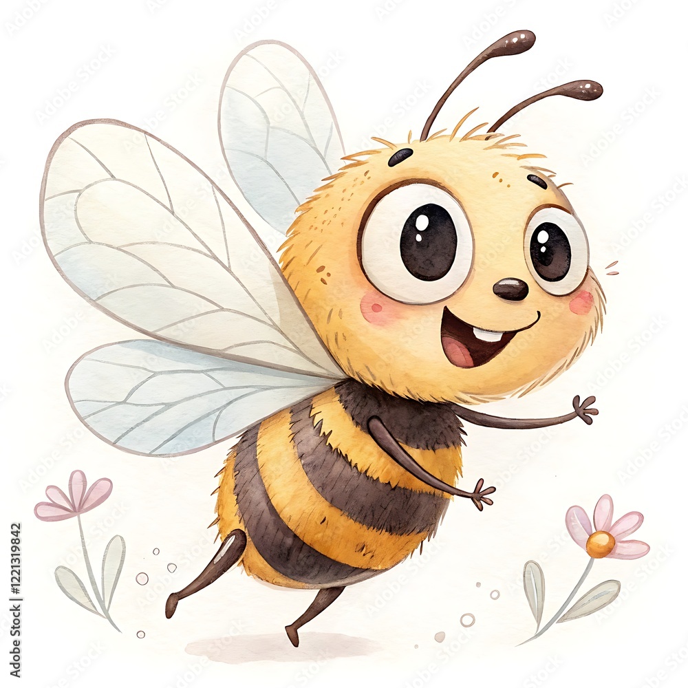Obraz premium Cartoon cute bee watercolor illustration on a white background