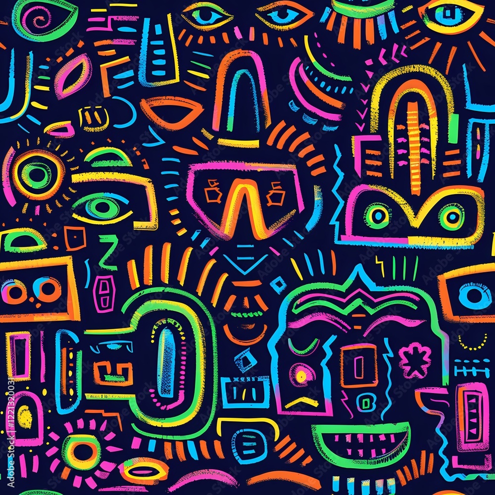 Vibrant neon tribal masks and faces pattern on dark background. Abstract psychedelic art with bright colorful geometric shapes perfect for modern fabric design and urban street style prints. Vibrant neon tribal masks and faces pattern on dark background. Abstract psychedelic art with bright colorful geometric shapes perfect for modern fabric design and urban street style prints.