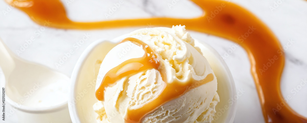 Delicious vanilla ice cream topped with caramel sauce on a marble table Delicious vanilla ice cream topped with caramel sauce on a marble table