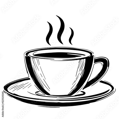 A cup of morning coffee is made in the form of a sketch. Sketch of a strong and steaming coffee drink. Vector.