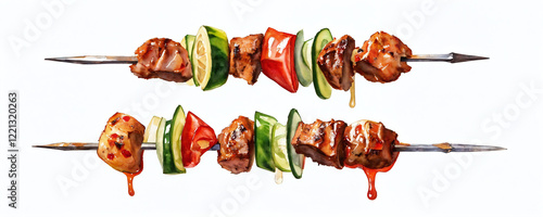 Grilled skewers with meat and vegetables ready for a summer barbecue gathering in a vibrant outdoor setting photo