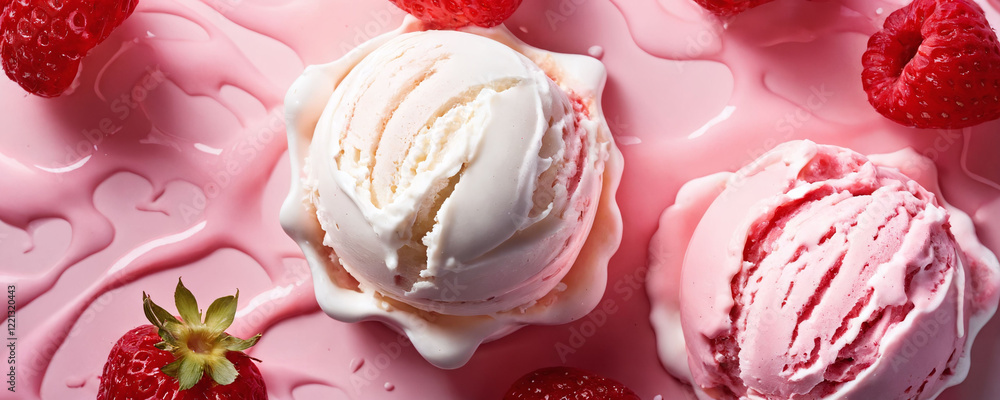 Delicious ice cream scoops with fresh raspberries on a pink background captured during a summer afternoon Delicious ice cream scoops with fresh raspberries on a pink background captured during a summer afternoon
