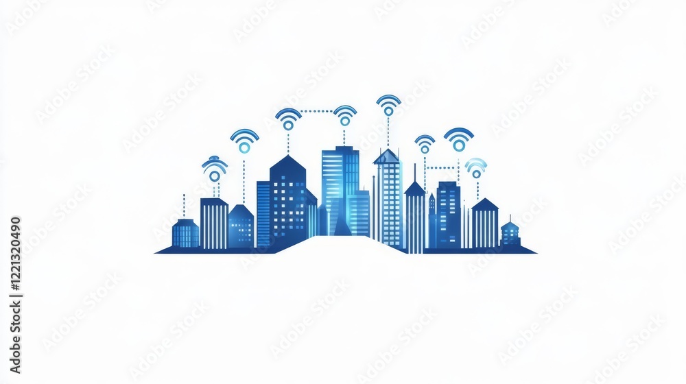 Fototapeta premium Stylized cityscape with Wi-Fi signals representing connectivity.