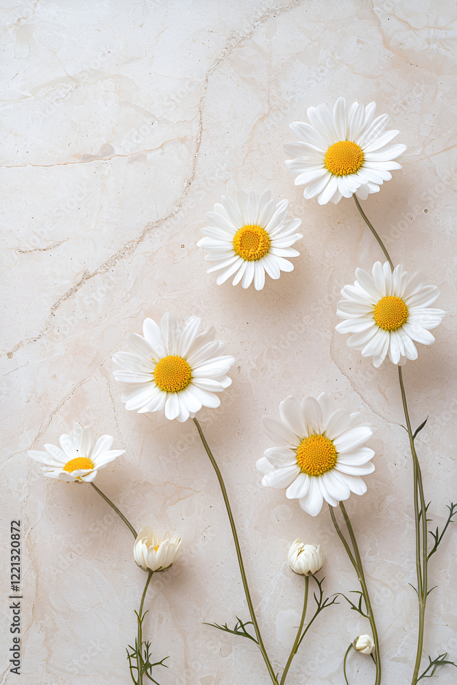 Obraz premium Delicate daisies arranged on a light beige marble background. A simple, elegant floral composition.