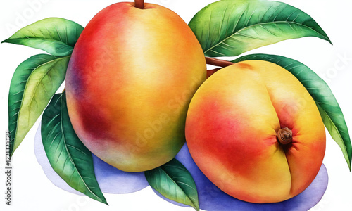 Vibrant ripe peaches with lush green leaves arranged on a light background showcasing summer's bounty photo