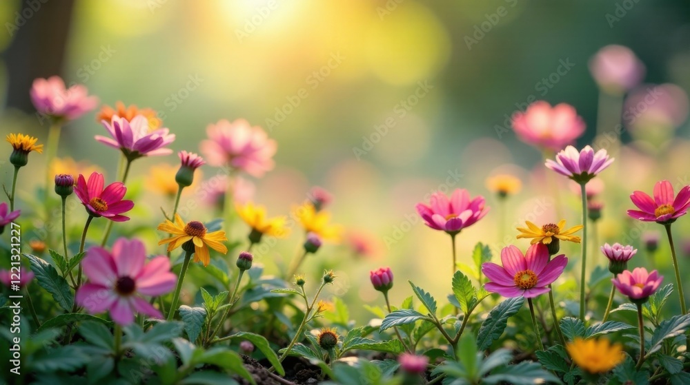Obraz premium Vibrant wildflowers bathed in the warm glow of sunrise, a picturesque scene of blossoming nature's beauty in a tranquil garden setting
