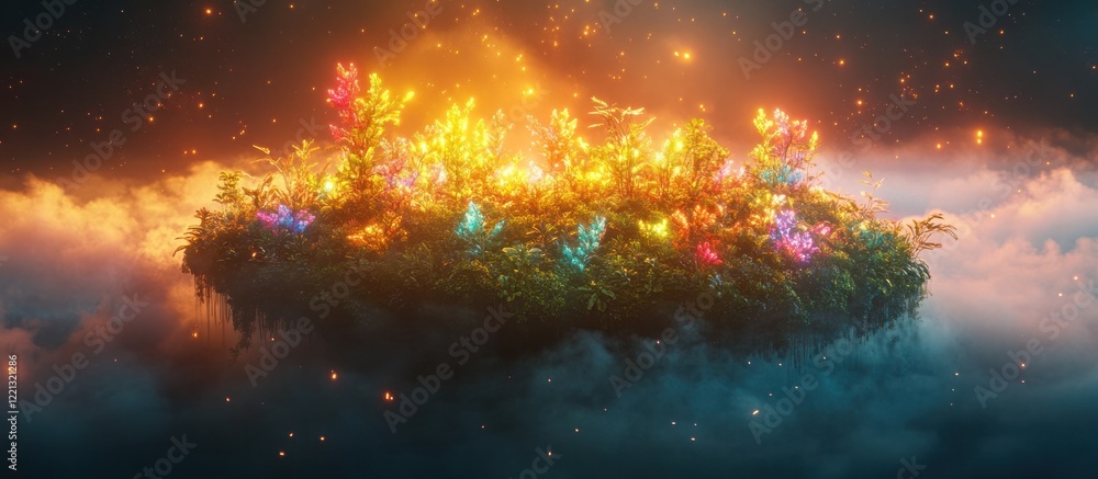 Naklejka premium Enchanting Floating Island in Vibrant Cosmic Atmosphere with Glowing Flowers and Flickering Flames Surreal magical landscape with colorful flora starry sky and ethereal lighting