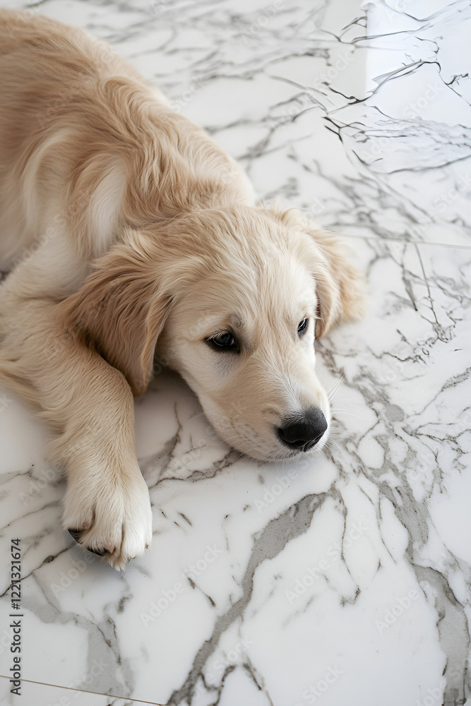 Adorable Golden Retriever puppy resting on a marble floor.  Sweet, calm expression.