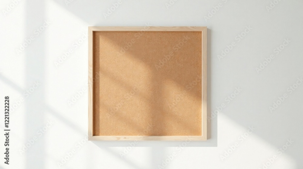 Fototapeta premium A Simple Wooden Framed Corkboard with Sunlight Shadows on a White Wall, Perfect for Displaying Notes, Reminders, or Inspirational Messages