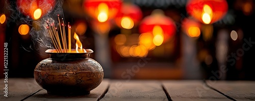 A close-up of an incense holder with burning incense, set against a blurred background of glowing lanterns, creating a serene ambiance.