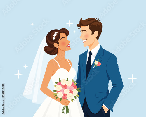 bride and groom at wedding, guy and girl smiling, young and happy family traditional rituals
