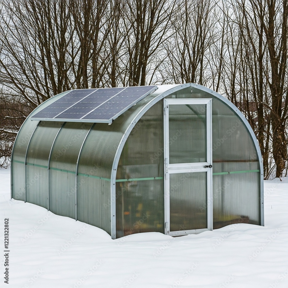 A small, self-sustaining greenhouse powered by solar panels in a snowy landscape.
A small, self-sustaining greenhouse powered by solar panels in a snowy landscape.