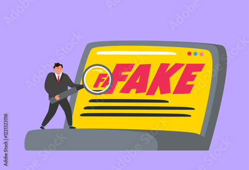 fake news businessman with magnifying glass and laptop false information in internet vector illustration 