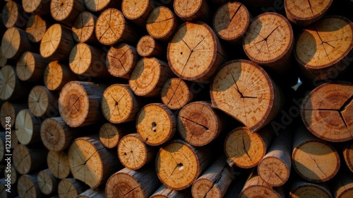 A Stack of  Circularly Cut Logs Showing Annual Rings in Warm Light photo