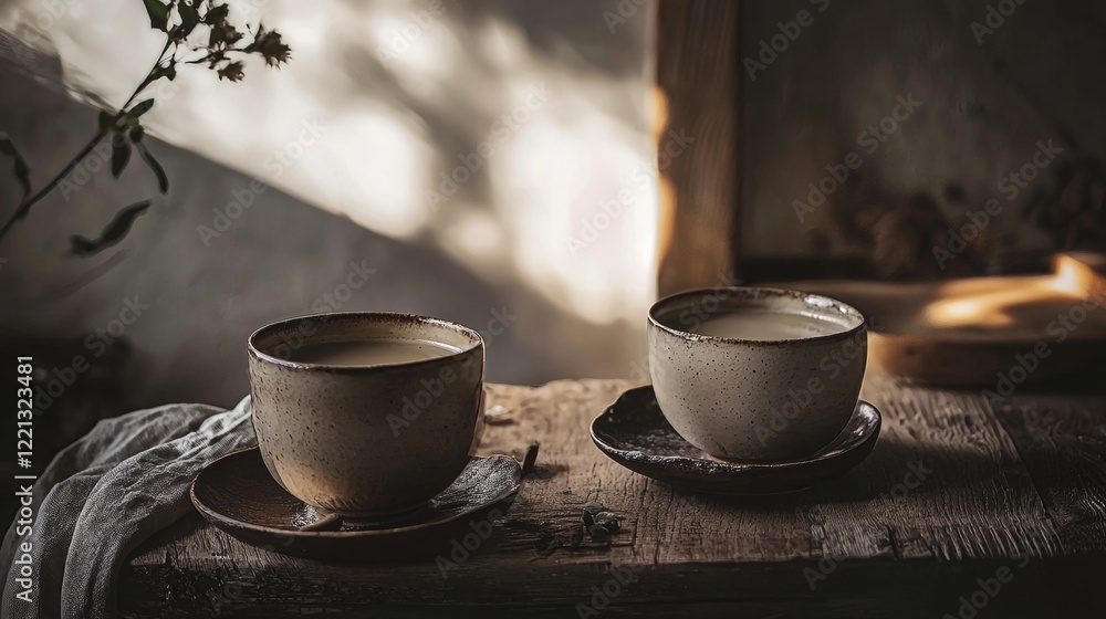 Cozy morning coffee cups on a rustic wooden table Cozy morning coffee cups on a rustic wooden table