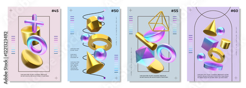 3d gold render. Geometric shape elements, abstract gradient ball figure or neon art triangle, iridescent or gold metallic cube. Glossy pyramid, purple poster, banner set, vector design