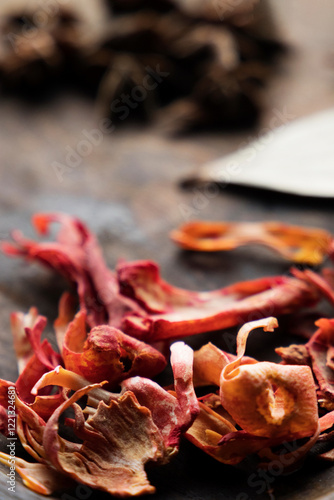 A mix of indian spices star anise, bay leaves and mace photo