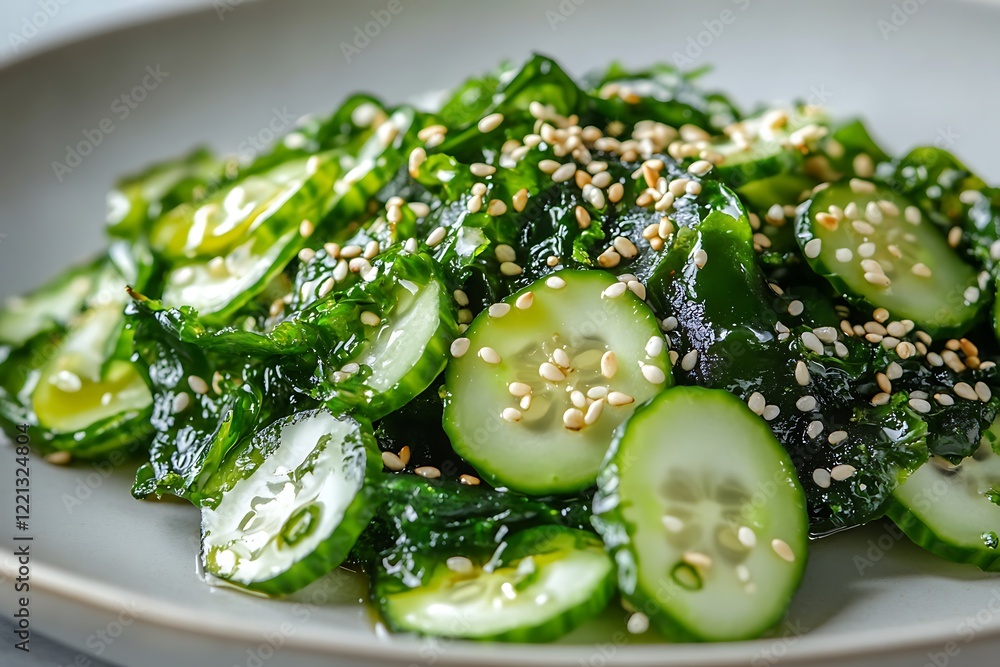 A unique seaweed salad with cucumber, sesame seeds, and a dash of soy sauce, bringing flavors of the ocean. A unique seaweed salad with cucumber, sesame seeds, and a dash of soy sauce, bringing flavors of the ocean.