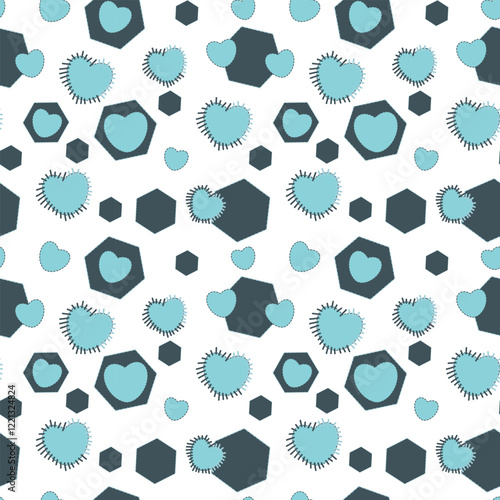 Seamless Vector Pattern with Soft Blue Hexagons and Hearts