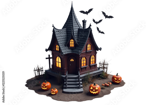 Wallpaper Mural A 3D rendered image of a spooky Halloween house with illuminated windows and carved pumpkins Ideal for greeting cards websites or party invitations Torontodigital.ca