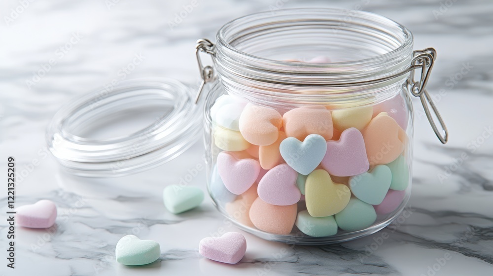 A jar filled with numerous small hearts sits on a table, perfect for Valentine's Day decoration. A jar filled with numerous small hearts sits on a table, perfect for Valentine's Day decoration.