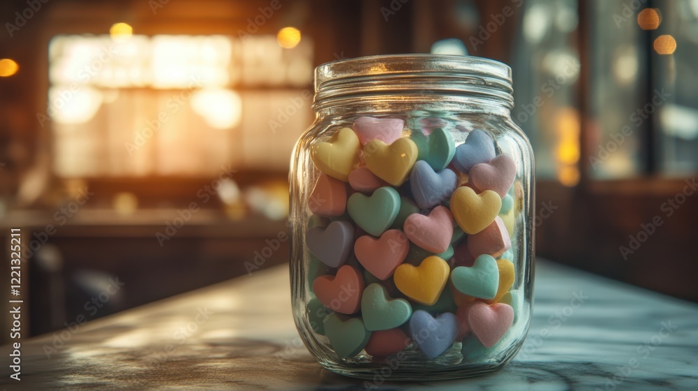 A jar filled with colorful candy hearts sits on a table, perfect for celebrating love on Valentine's Day. A jar filled with colorful candy hearts sits on a table, perfect for celebrating love on Valentine's Day.