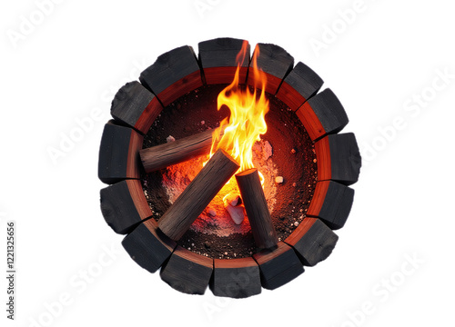 Overhead view of a burning campfire in a circular stone fire pit Ideal for websites blogs or articles about camping outdoor activities or relaxation