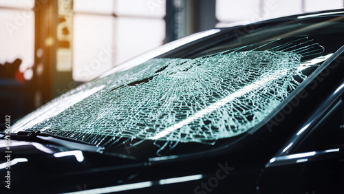 Broken Shattered Windshield Windscreen of Car in Auto Repair Service Salon, Automobile after Accident, Ensurance photo