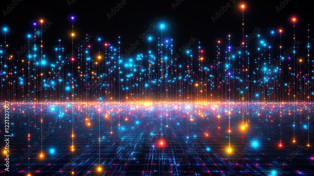 Obraz premium Dynamic lights illuminate a dark space, showcasing vibrant digital particles in stunning colors