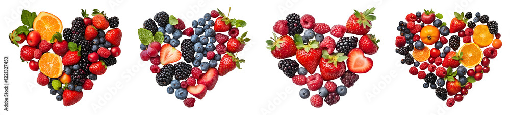 Fruitful Hearts: A vibrant and colorful arrangement of fresh berries and citrus fruits artfully arranged in four heart shapes, symbolizing love, health, and wholesome goodness. Fruitful Hearts: A vibrant and colorful arrangement of fresh berries and citrus fruits artfully arranged in four heart shapes, symbolizing love, health, and wholesome goodness.