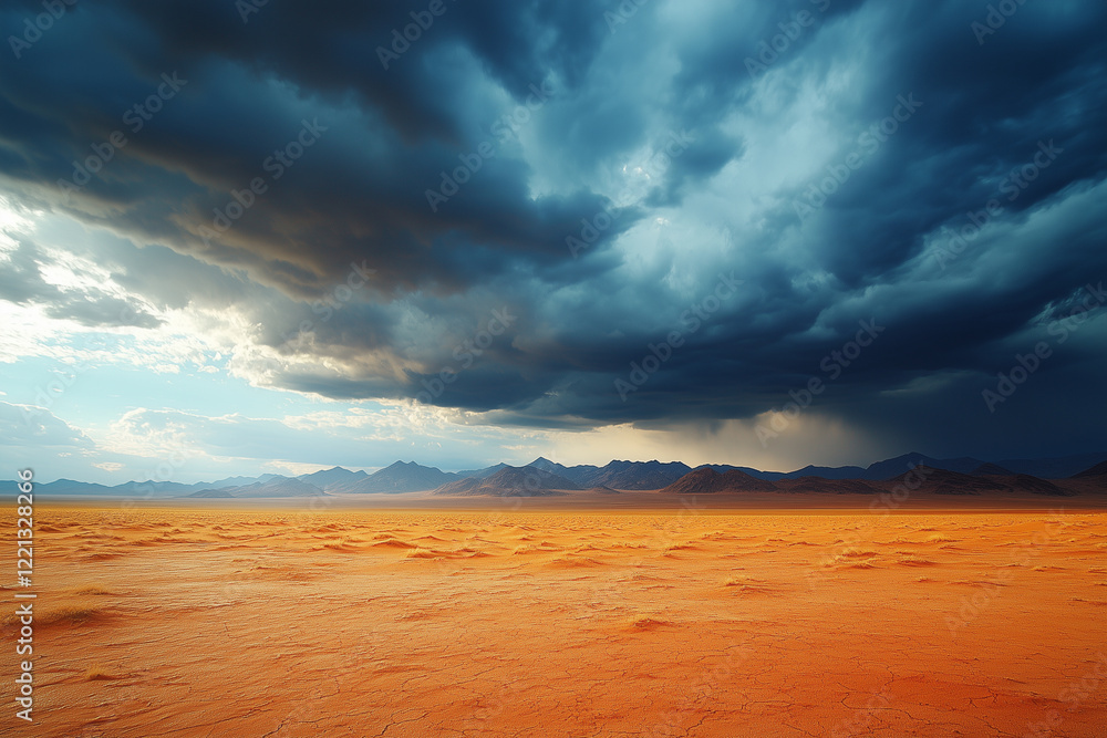 Fototapeta premium A dramatic desert landscape with a stormy sky, featuring dark clouds and a dry, cracked earth foreground.