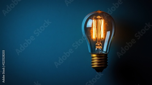 A vintage light bulb glows warmly against a blue backdrop in a dimly lit room