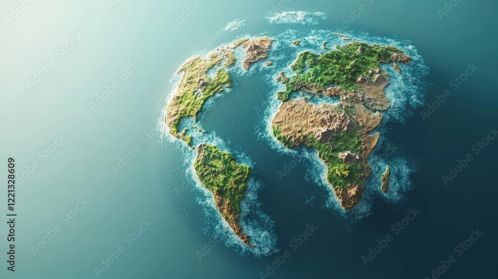 Fototapeta premium Aerial view highlights a detailed globe of lush greenery, mountains, and surrounding ocean