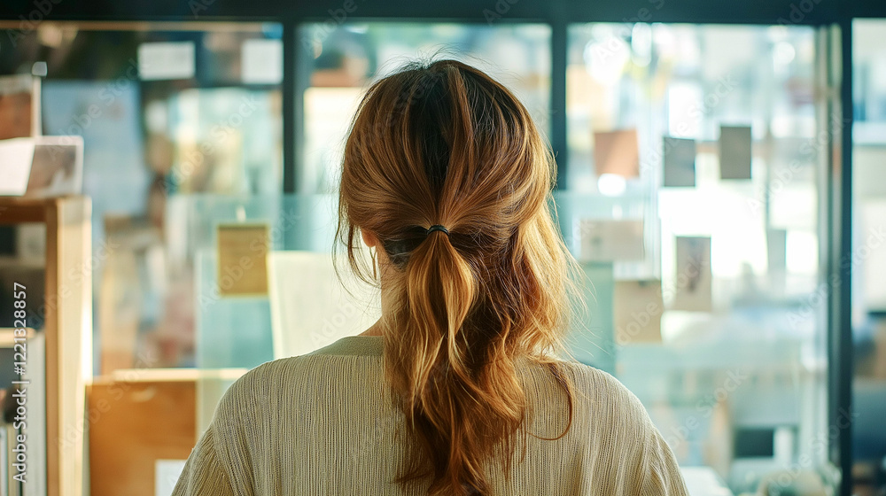 Young woman engages in creative expression writing on a glass board in a bright study space. Generative AI Young woman engages in creative expression writing on a glass board in a bright study space. Generative AI