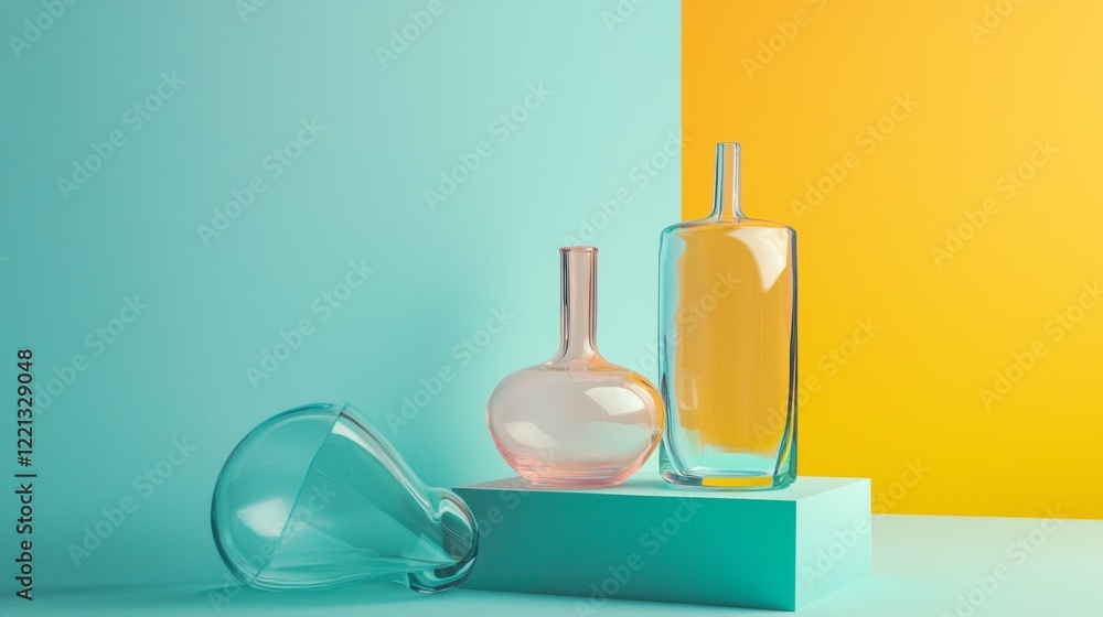 Minimalist glass bottles on vibrant backgrounds Minimalist glass bottles on vibrant backgrounds