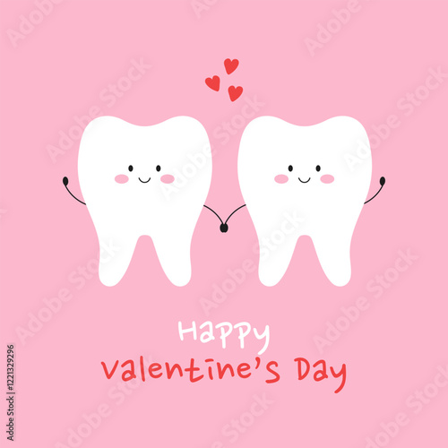 Happy Valentines Day greeting card with two cute smiling teeth characters holding hands on pink background. Holiday banner for dental clinic. Stomatology concept. Vector flat illustration