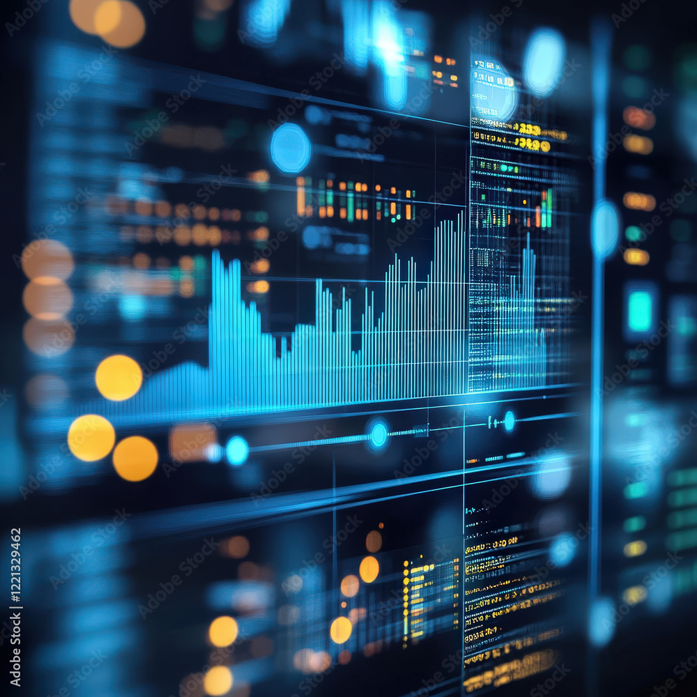 Fototapeta premium sleek digital interface with financial graphs, charts, and analytical data. Blue tones dominate the futuristic design, featuring glowing elements and a high-tech financial dashboard