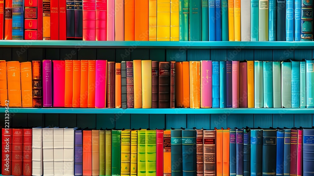 Fototapeta premium multicolored books arranged on library shelves creating rainbow spectrum pattern, perfect for education, learning, and knowledge concepts. Modern bookshelf organization background