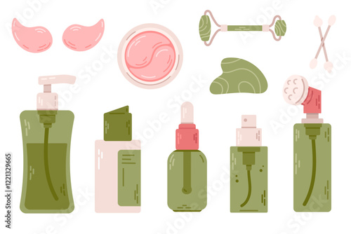 Skin care routine set. Cosmetic products set, vector illustration. Moisturizing cream, gel, lotion, serum, liquid soap, face roller, cream.