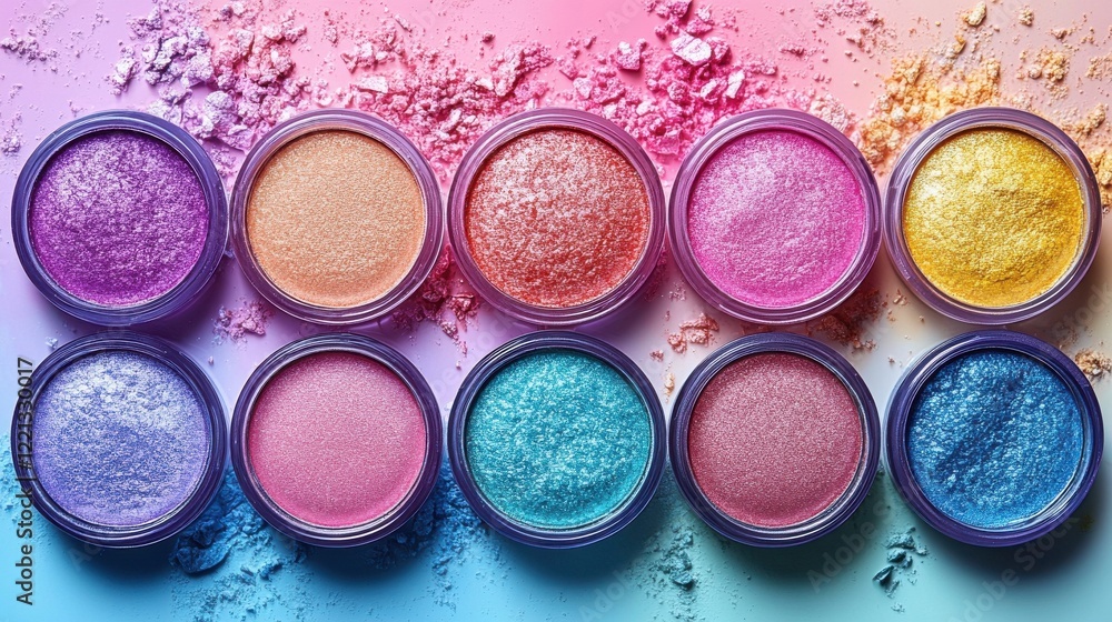 Colorful Eyeshadow Palette with Vibrant Pigments on Gradient Background