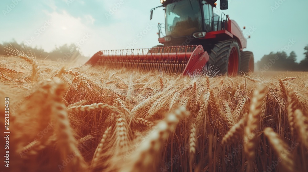 Fototapeta premium A modern tractor is harvesting wheat in a vast golden field under a bright sky