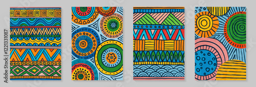 Poster ethnic African tribal ornaments. Abstract background design templates with ancient tribe geometric drawn elements, patterns, shapes. Design wall decoration, postcards, poster or brochure